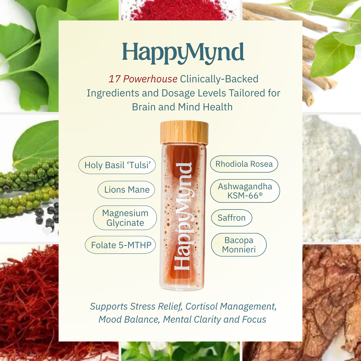 HappyMynd - All-in-One Essential Daily Nutrition for Your Brain and Mind - Stress, Mood, Cortisol, Clarity and Focus