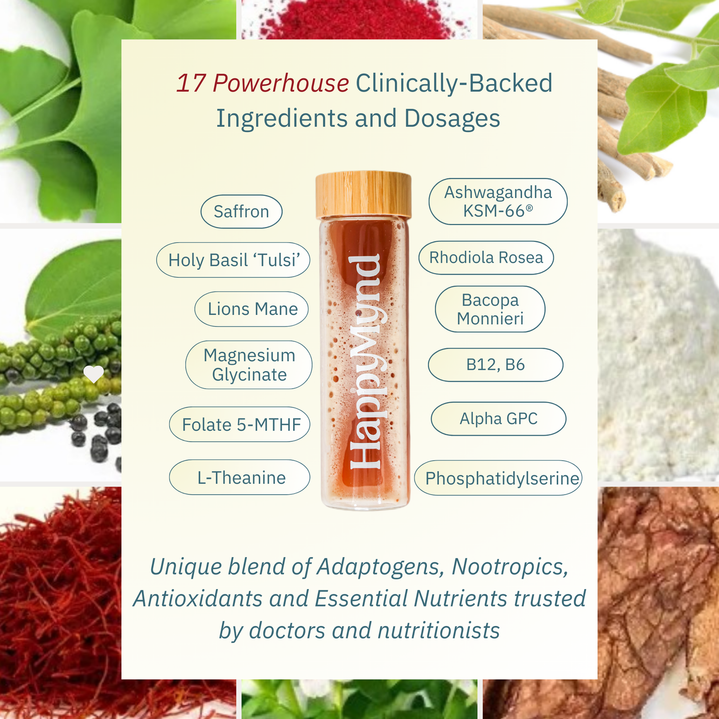 HappyMynd - All-in-One Essential Daily Nutrition for Your Brain and Mind - Stress, Mood, Cortisol, Clarity and Focus
