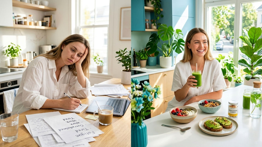 Before and after adrenal fatigue recovery showing tired woman and energized woman