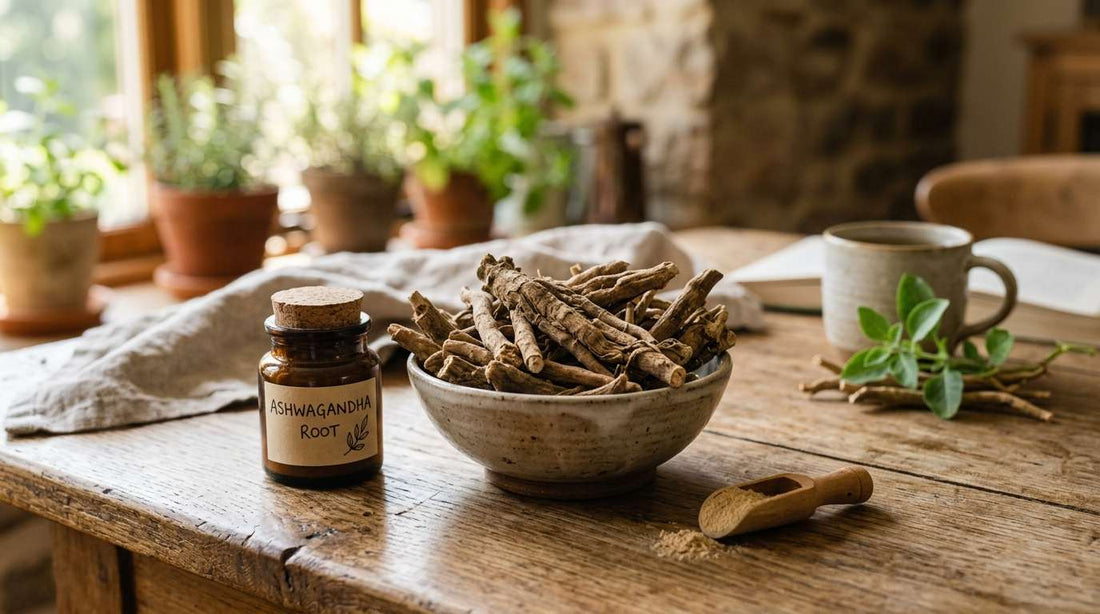 Bowl of dried ashwagandha root on a wooden table