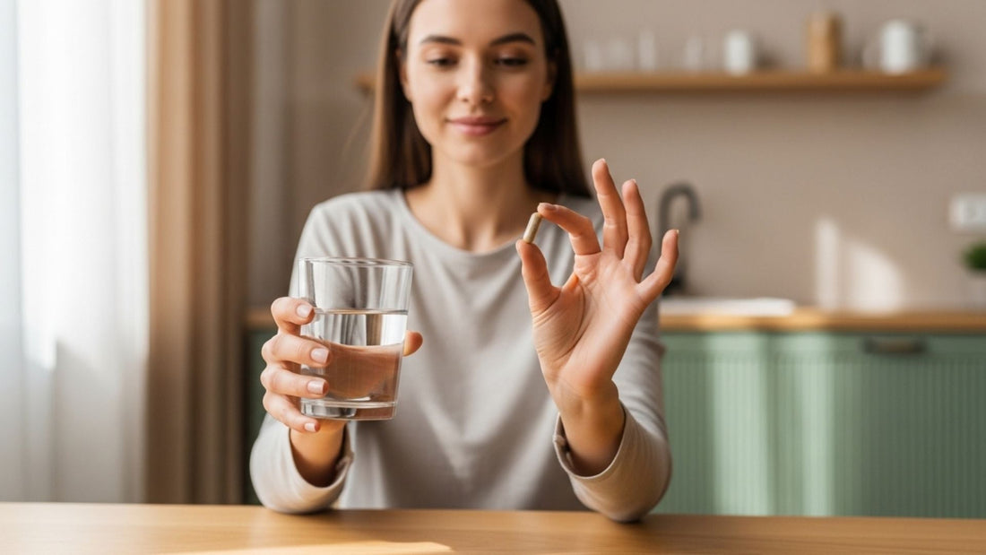 Woman holding an ashwagandha capsule and a glass of water at a kitchen table