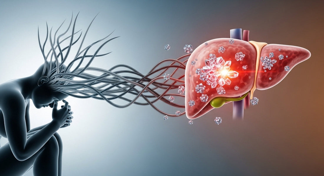 Stressed woman connected to inflamed liver showing impact of anxiety on liver enzymes