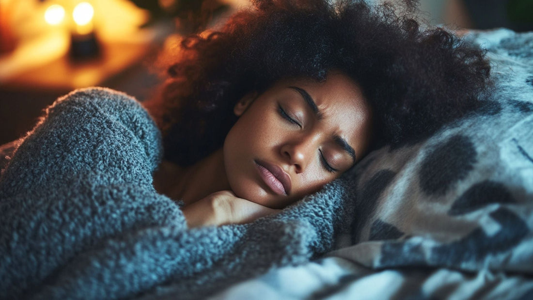 Woman peacefully sleeping wrapped in a cozy blanket at night