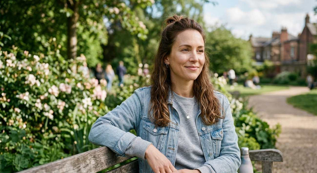 Relaxed woman sitting on a park bench in a green garden setting