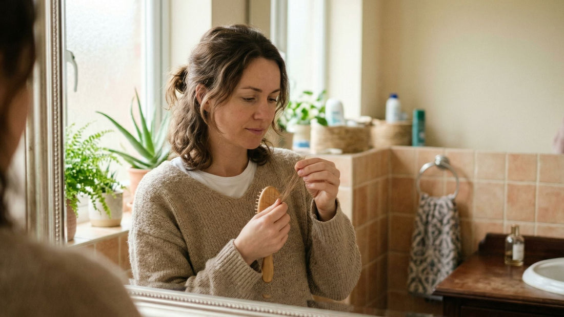 Woman examining hair loss on a wooden brush in front of bathroom mirror