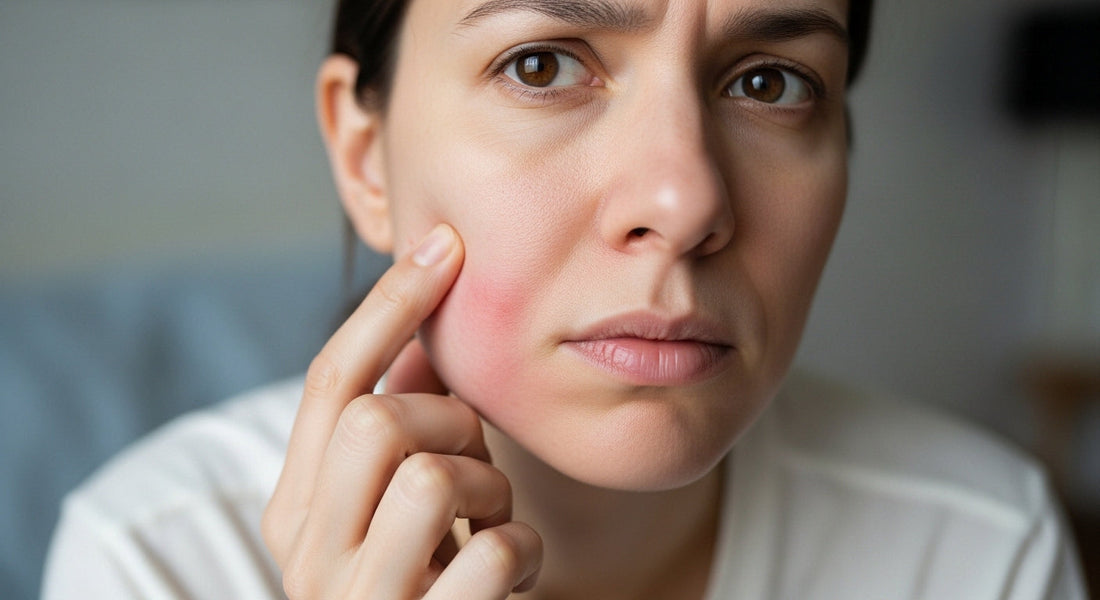 Woman touching swollen red cheek showing facial inflammation from stress