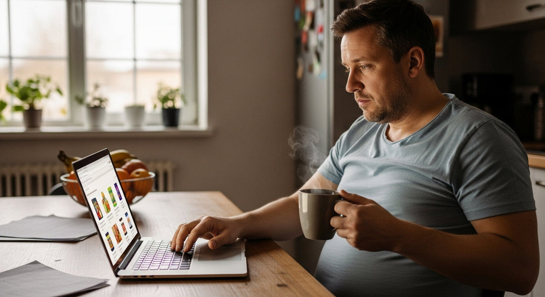 Overweight man browsing supplements online on a laptop while holding a cup of coffee in the kitchen