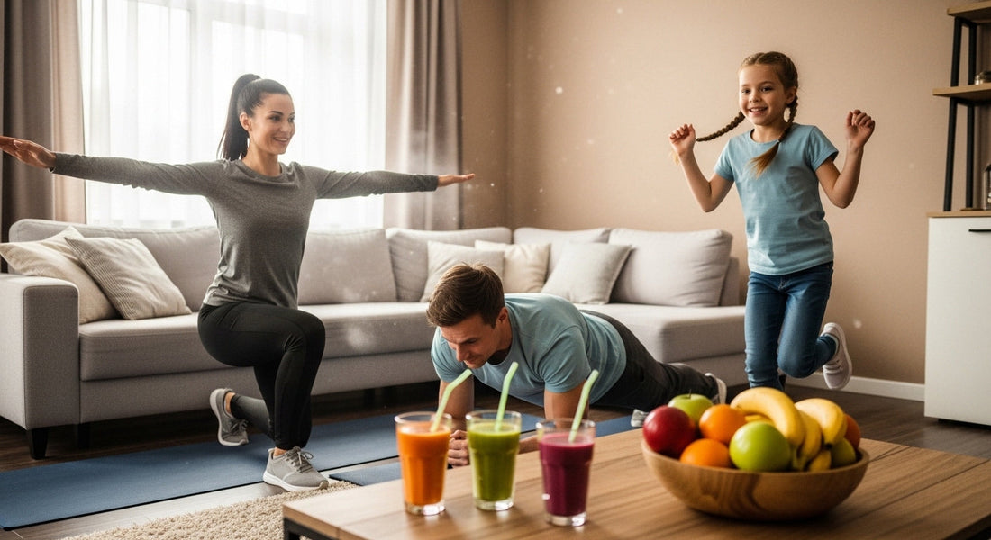 Active family exercising together in a living room with colorful smoothies and fruit on the table