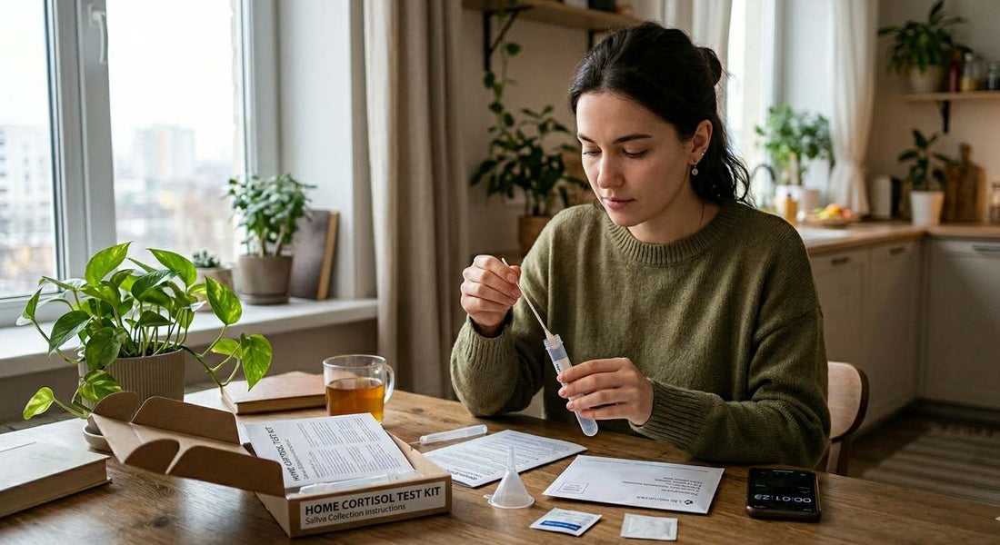 Woman using a home cortisol test kit for saliva collection at home