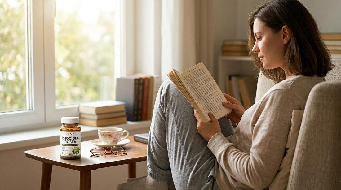 Woman reading a book next to a bottle of Rhodiola Rosea supplement