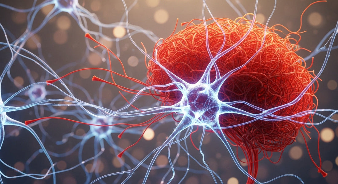 3D illustration of brain neurons with red saffron-like fibers showing neurological connections