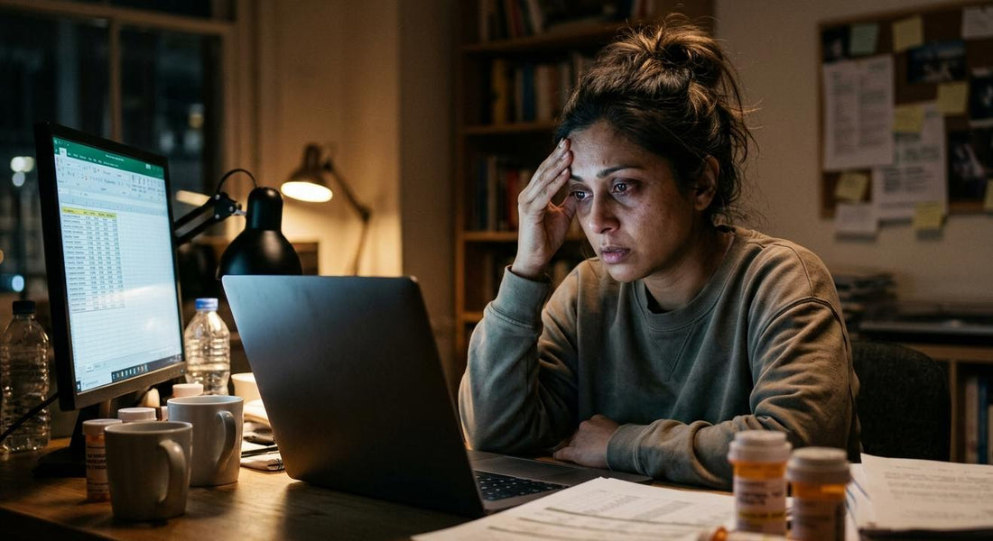 Stressed, tired woman working late at a desk showing signs of high cortisol
