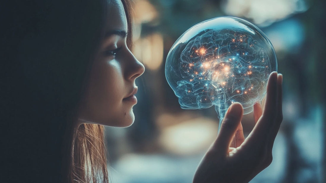 Girl holding a glowing brain illustration
