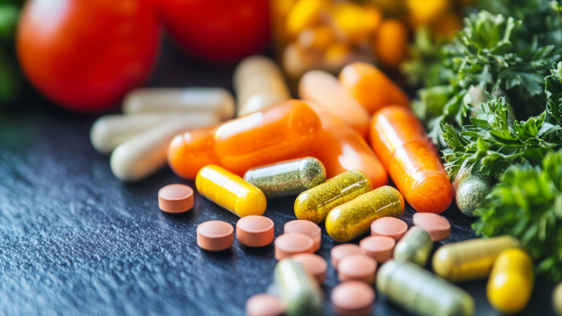 Supplements and vegetables with pills, capsules, and vitamins for health