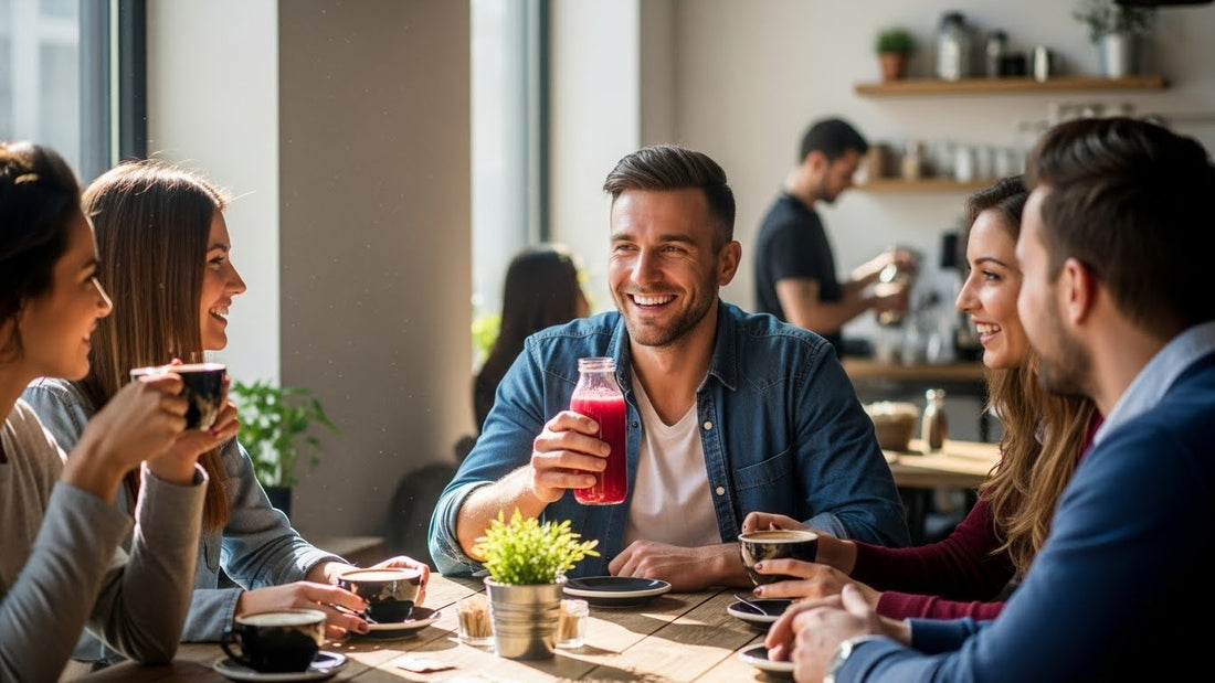 Group of friends enjoying coffee and conversation in a cozy café