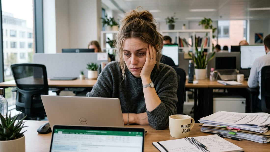 Exhausted woman resting her head on her hand while staring at a laptop in a busy open-plan office