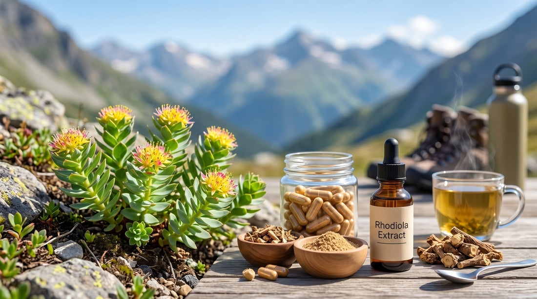 Rhodiola rosea plant with capsules, powder, and extract on a wooden table against a mountain backdrop