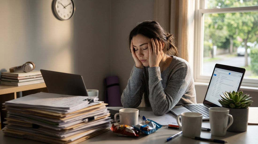 Exhausted woman experiencing work burnout at a cluttered desk with stacked papers, laptops, and coffee mugs