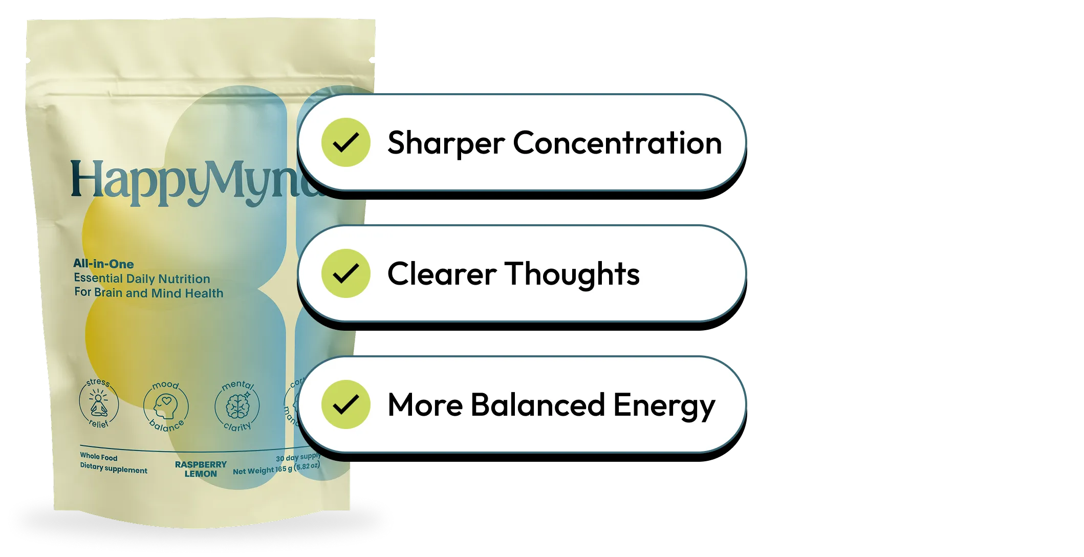 HappyMyne supplement package with benefits listed on a white background