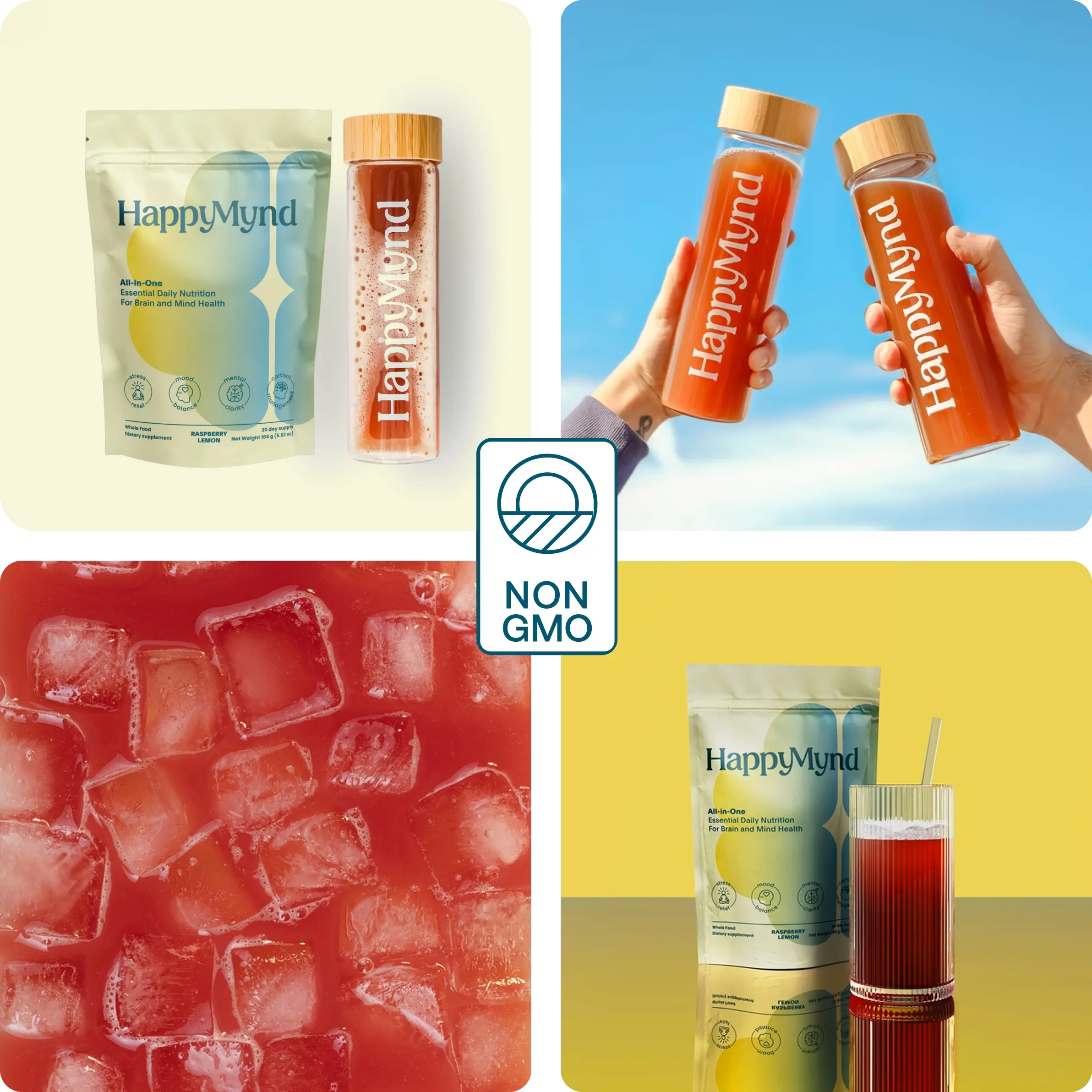 Collage of HappyMynd products including drinks and packaging with a 'Non GMO' label.