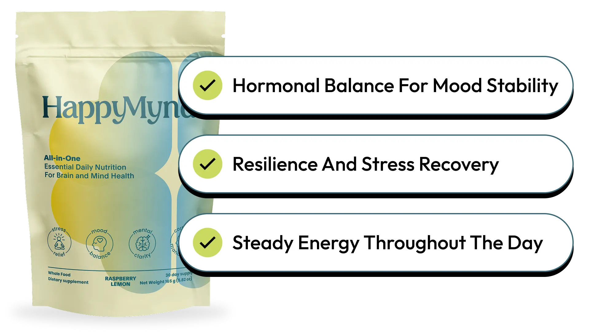HappyMyrna supplement package with benefits listed on a white background