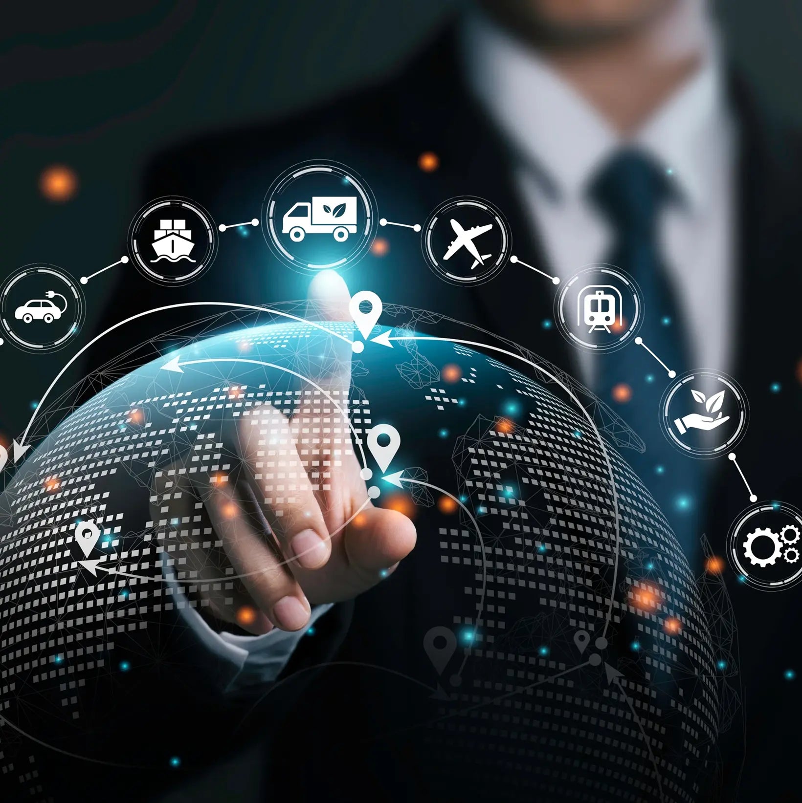 Person in a suit interacting with a digital interface showing transportation icons.